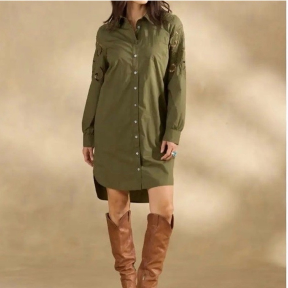 Sundance Sonda Cotton Button Front Cutout Shirt Dress Green Size Medium
